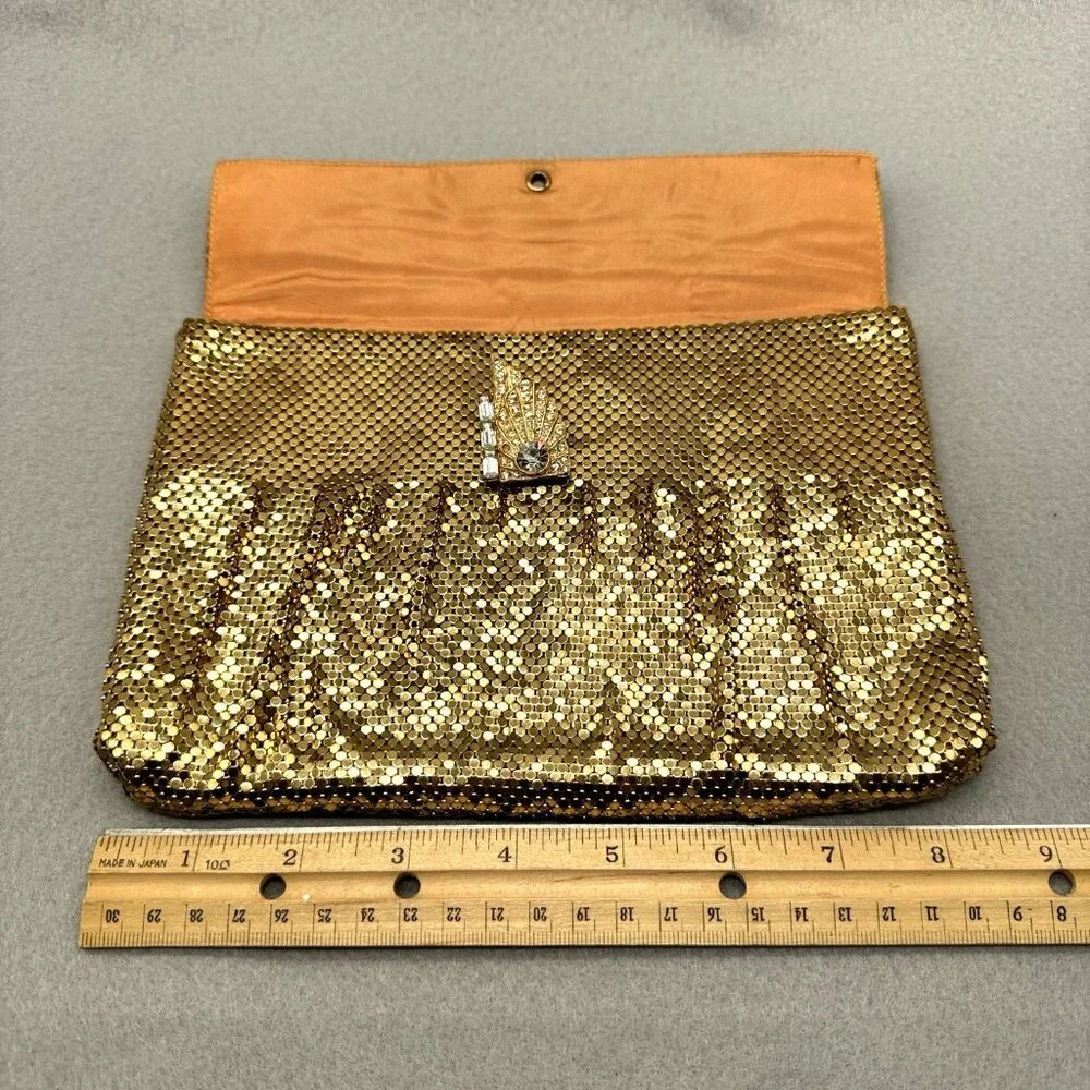 Mesh Purse Clutch Bag Gold Tone Art Deco Rhinestone Clip Vtg Whiting and Davis - Picture 9 of 14